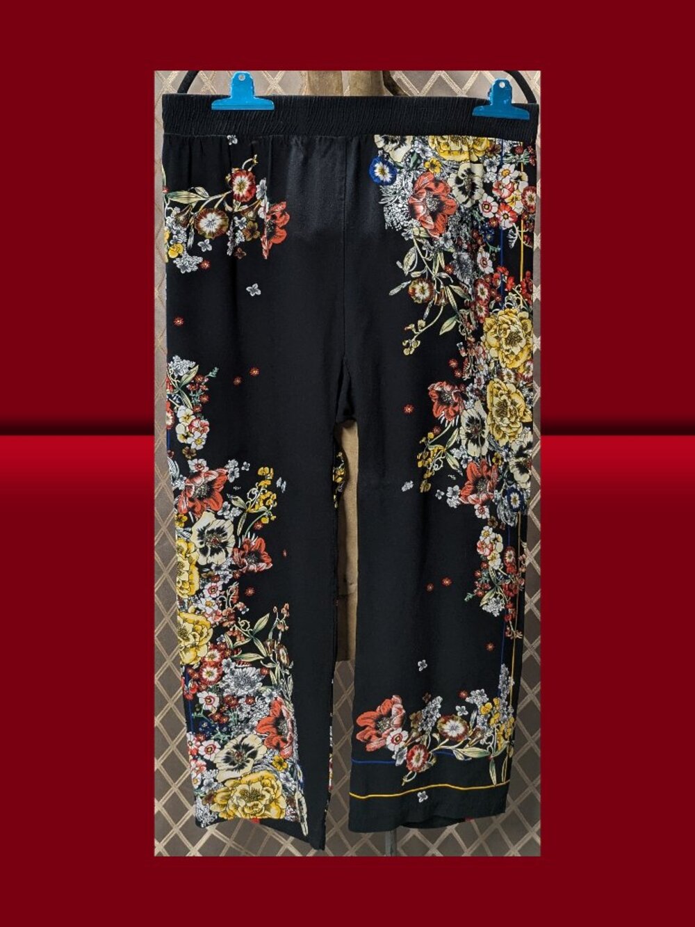 Cynthia Rowley XL Black Floral Border Print Rayon Palazzo Pants
